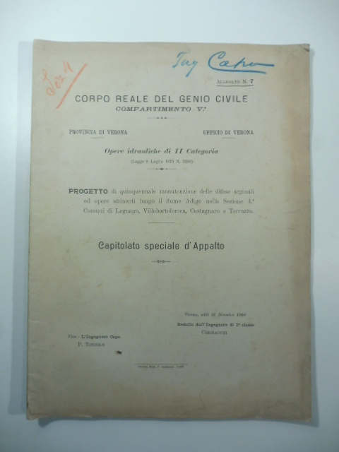 Progetto di quinquennale manutenzione delle difese arginali ed opere attinenti lungo il fiume Adige... Comuni di Legnago, Villabartolomea, Castagnaro e Terrazzo